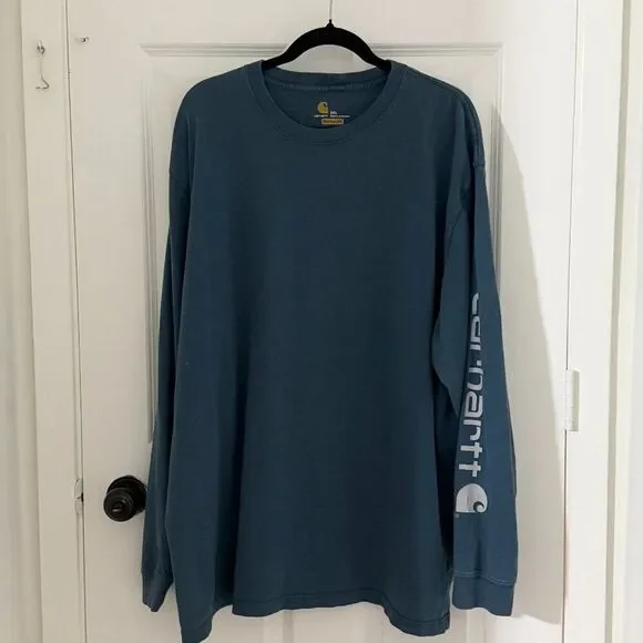 Men Carhartt Original Fit Long Sleeve Logo Shirt Slate Blue Size 2XL - Picture 2 of 8
